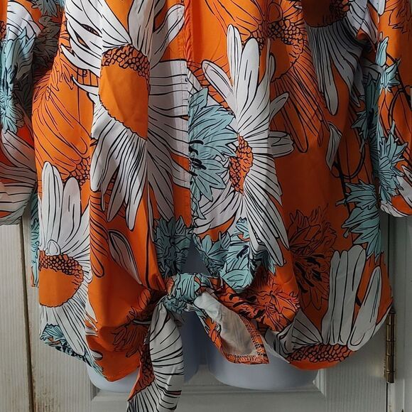 Floral print tie front bat sleeve blouse top Beach summer tropical cruise  Sz 1X - Picture 2 of 6
